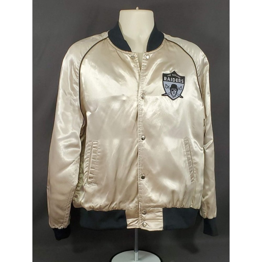 Vintage 1970's USA California Oakland Raiders Silver Satin Bomber Jacket Mens XL